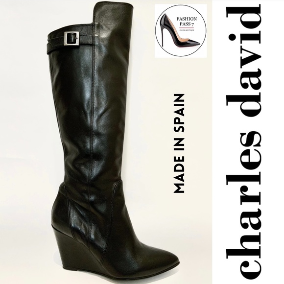 Charles David Black Leather Over Knee Wedge Heel Pointed Toe Riding Boots - Picture 1 of 6